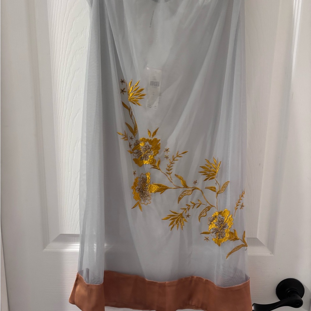 NWT! Anthropologie Sheer silk embroidered beaded skirt with Gold Floral Design